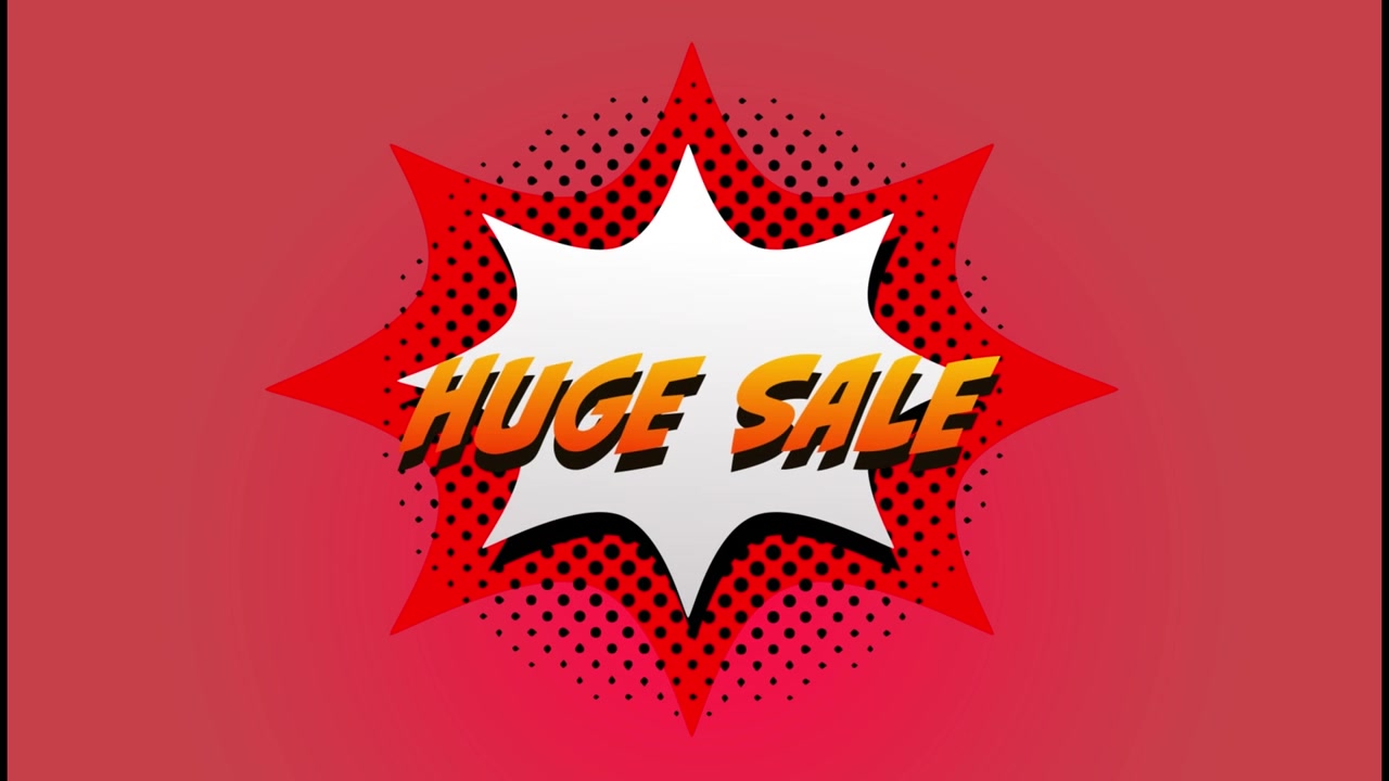 Animation of illustration of red and white explosion shapes with black dots and huge sale text