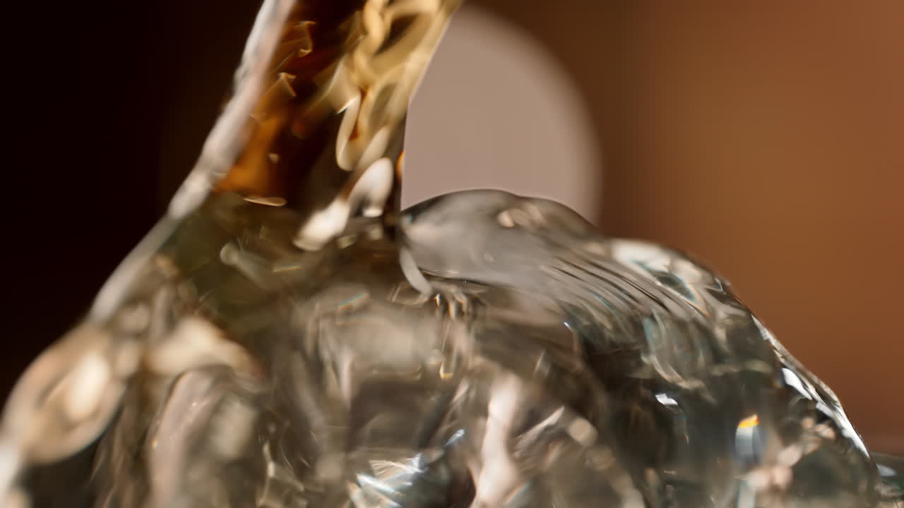 매크로에서 얼음 큐브 위에 부드럽게 흐르는 위스키 흐름, 바위 위의 위스키