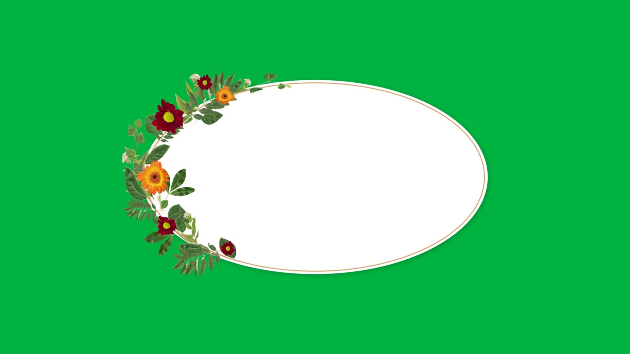 Decorative double-lined oval scaling on white canvas, showing left floral cluster blooming