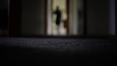 person walking through dark carpeted hallway at home