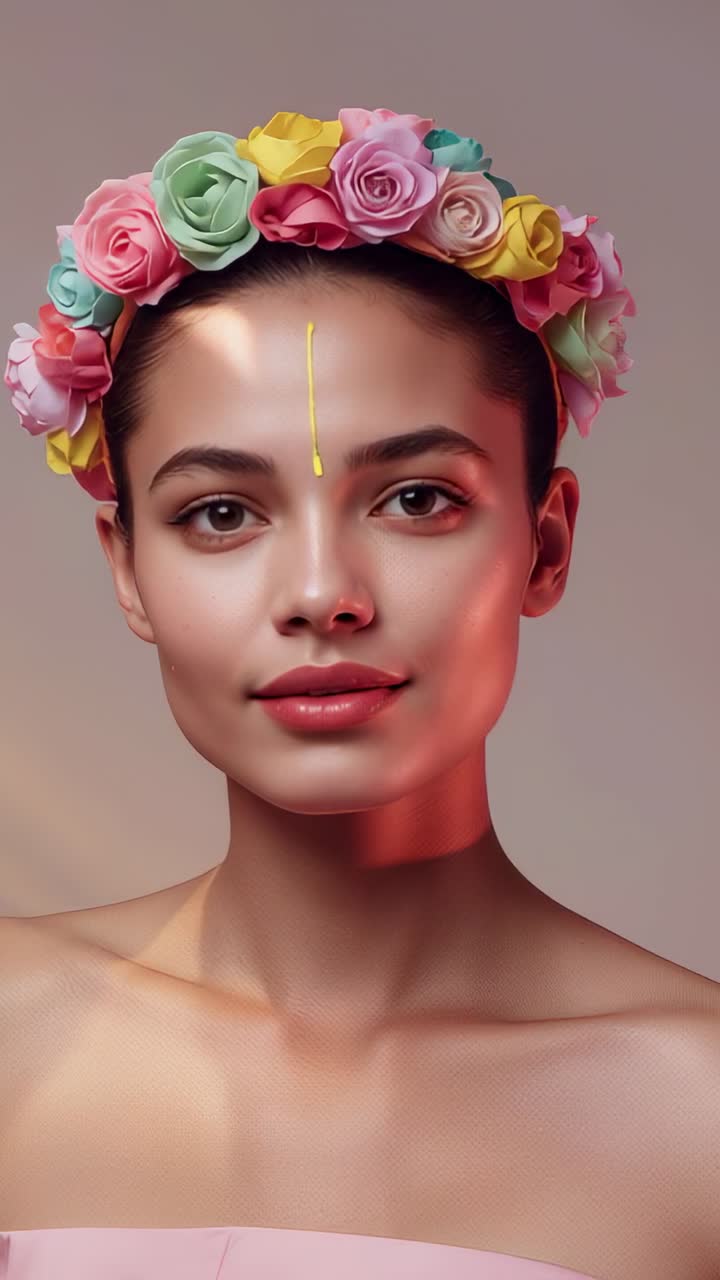 Video vertikal: Kamera melakukan zoom dengan membingkai model di studio yang menunjukkan atasan pastel, bindi, dan mahkota bunga