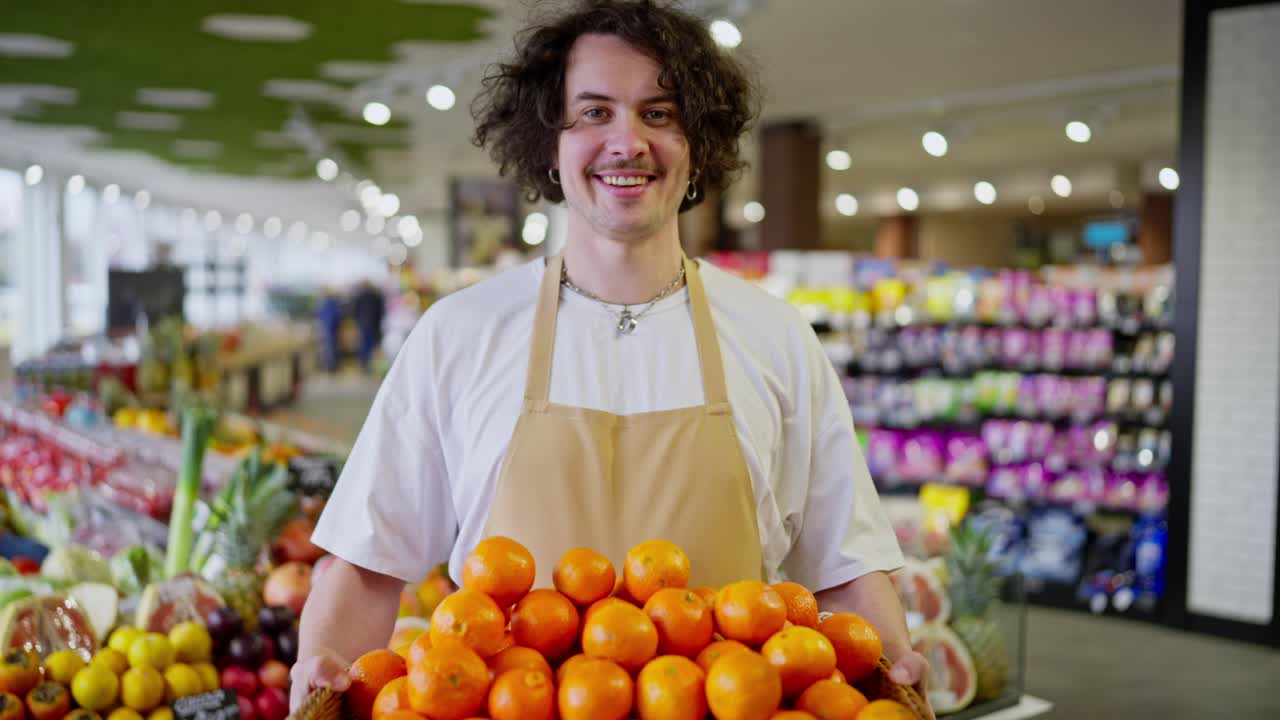 Portrait of a happy brunette guy with curly hair who holds in his hands a basket with a lot of orange citrus fruits in a supermarket