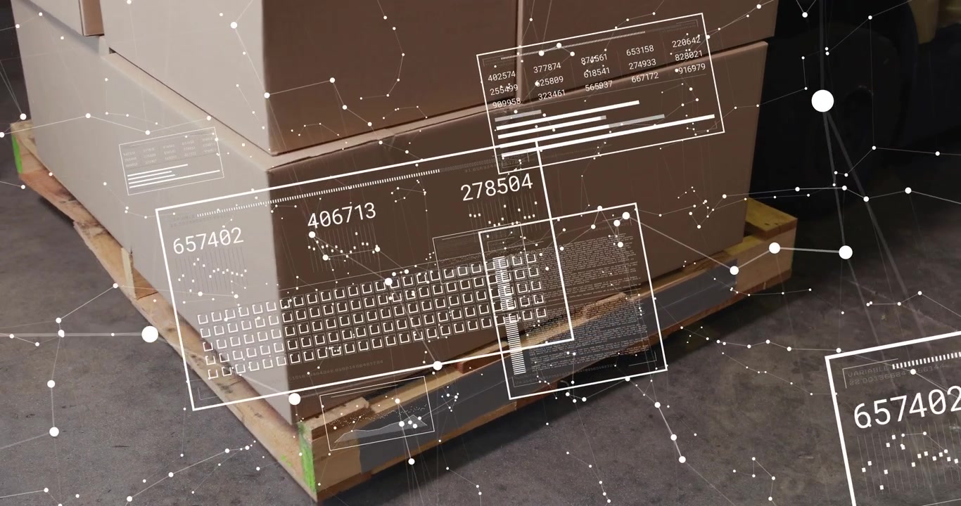 Digital Data Overlay on Cardboard Boxes in Warehouse