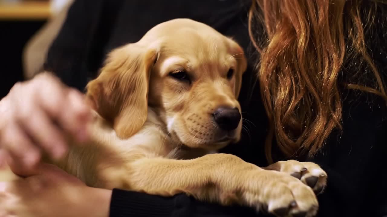 A Heartwarming Moment: A Young Puppy Snuggles Comfortably in the Arms of Its Owner, Radiating Love and Joy While Bonding in a Cozy Atmosphere
