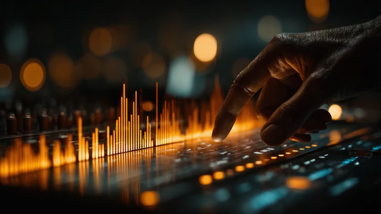 An Engaging Close-Up of a Hand Skillfully Adjusting Levels on a Sound Mixer, Highlighting Dynamic Sound Waves and Creative Audio Manipulation