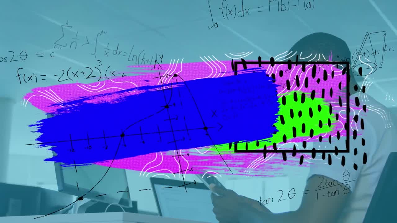 animación de manchas y formas coloridas sobre hombre de negocios usando computadora