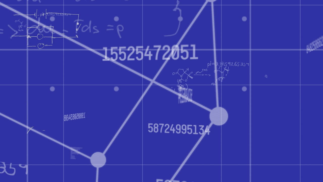Animation of mathematical equations and data processing over blue background