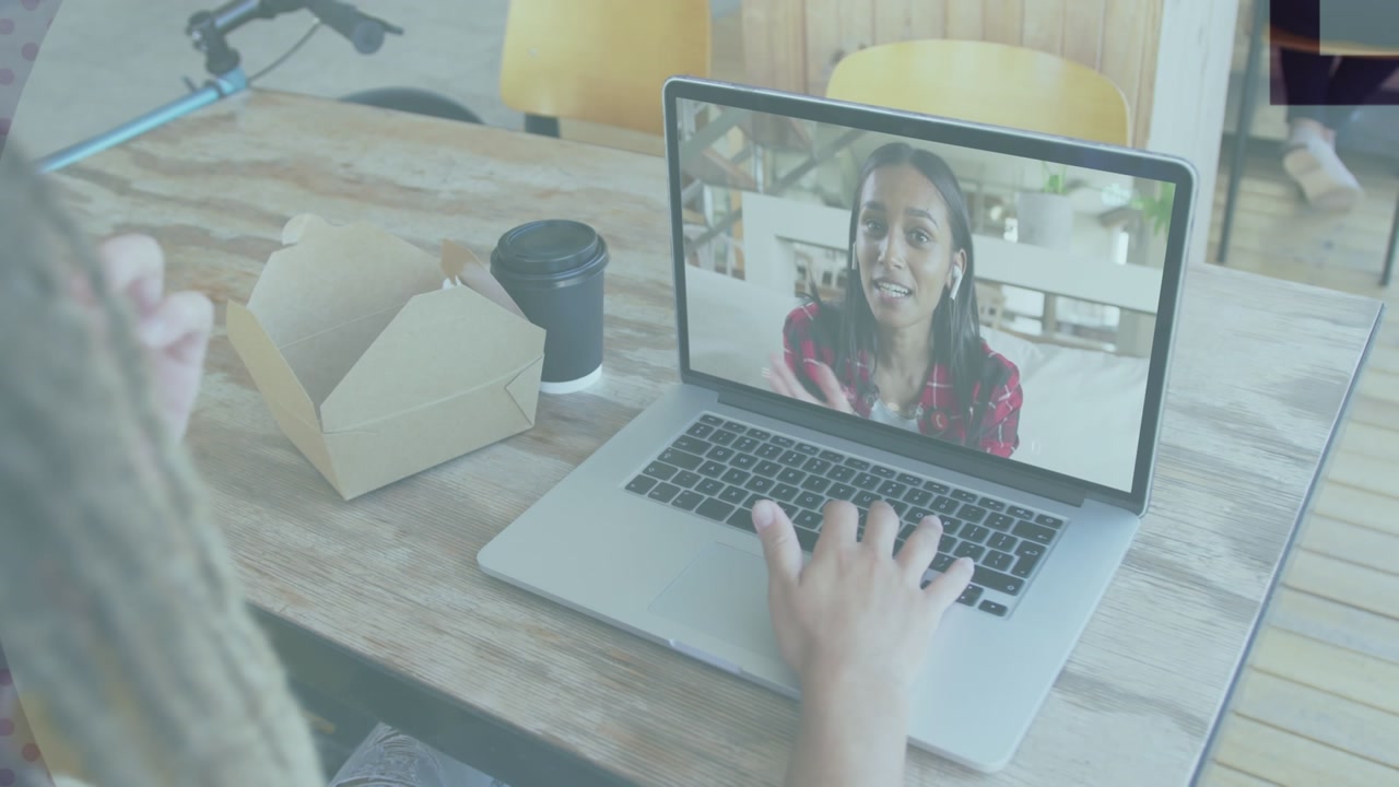 Animation of caucasian businesswoman having video call with colleague