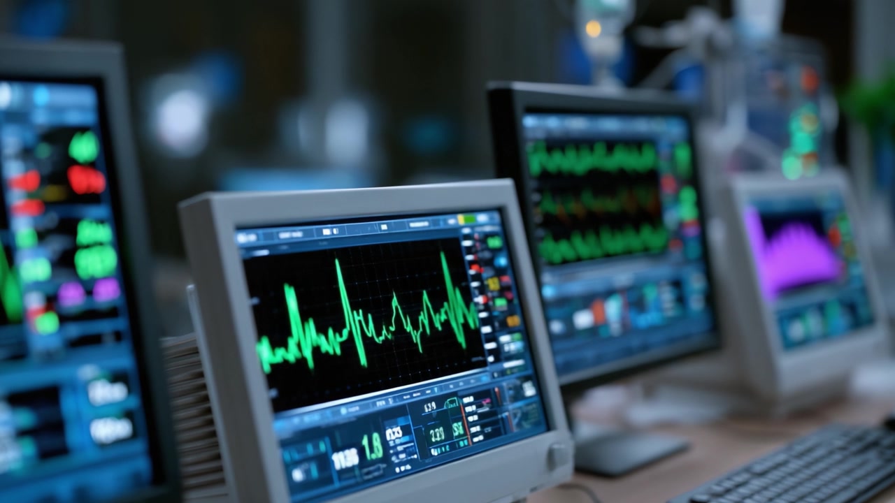 Monitoring Vital Signs: A Close-Up Look at Medical Monitoring Equipment Displaying Heart Rate Graphs and Patient Data on Multiple Screens in a Healthcare Setting