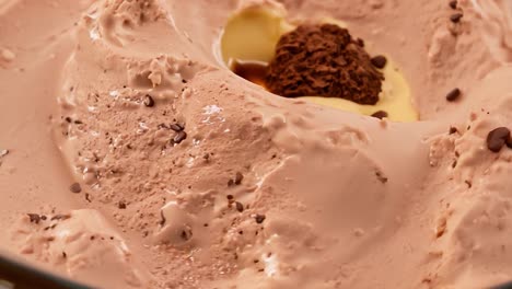 closeup of chocolate ice cream with chocolate chips and hazelnut chocolate