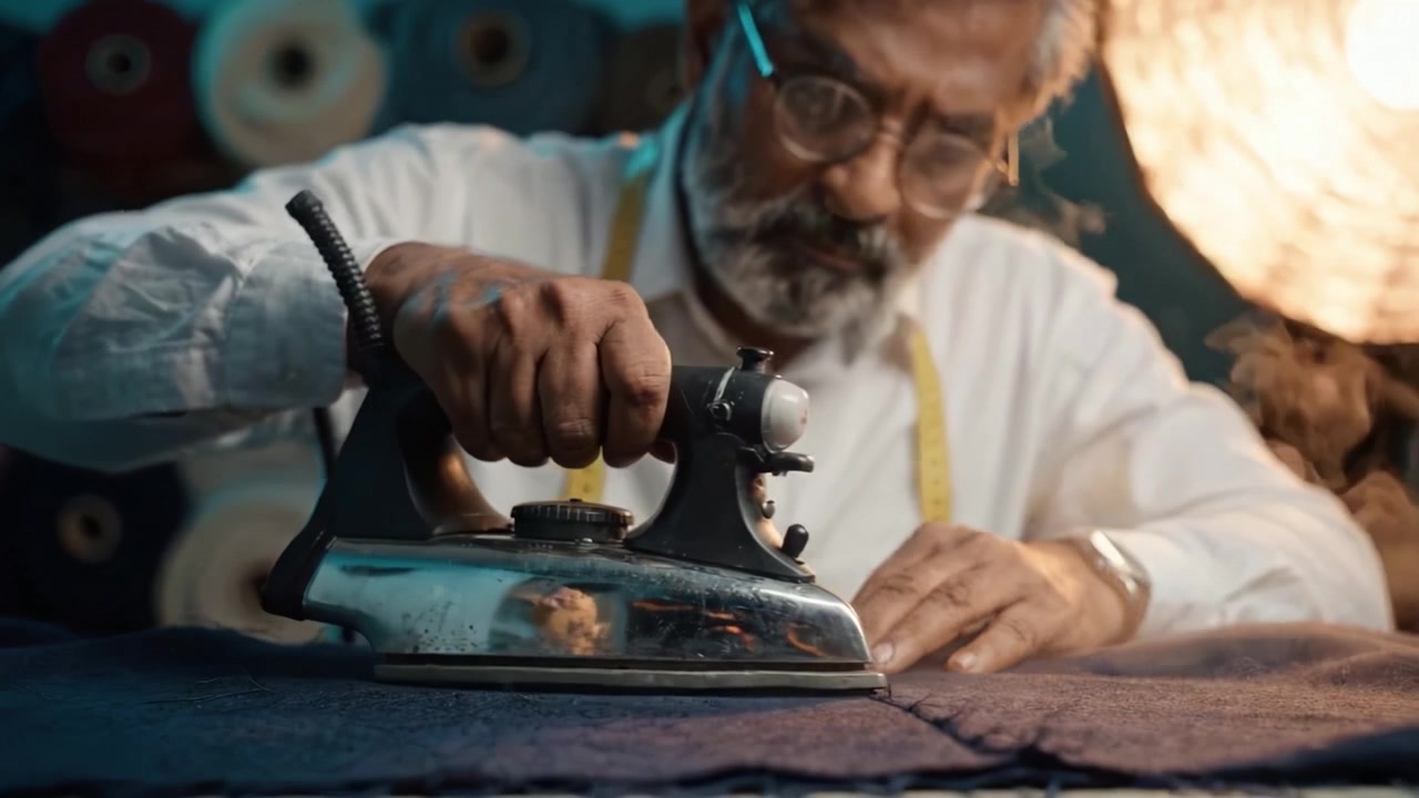 Skilled Tailor Perfectly Presses Fabric with Iron, Showcasing Precision Craftsmanship and Attention to Detail in Traditional Garment Making Process