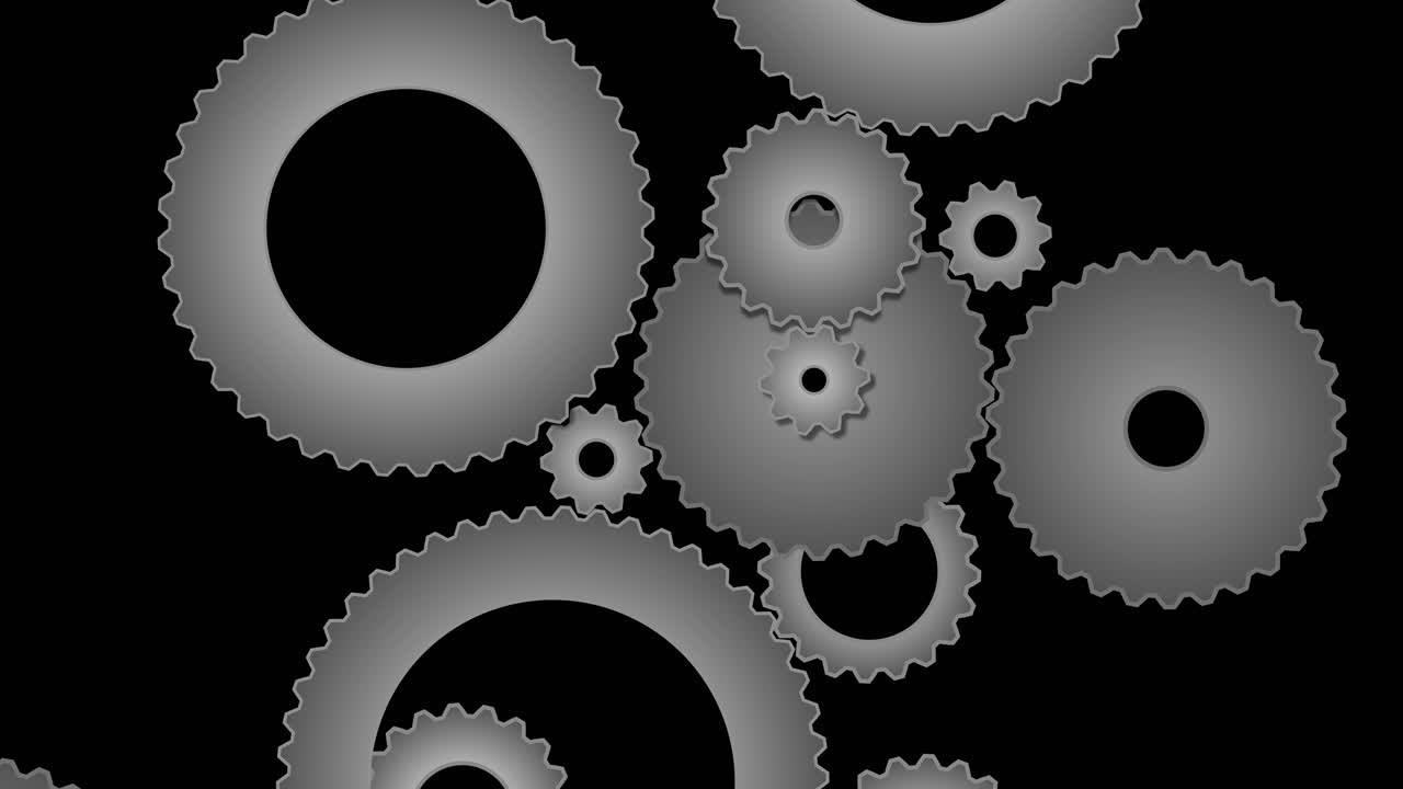 Interlocking loopable rotating gear wheels and cogs of various sizes against a solid black background creating a minimalist abstract mechanical clockwork pattern