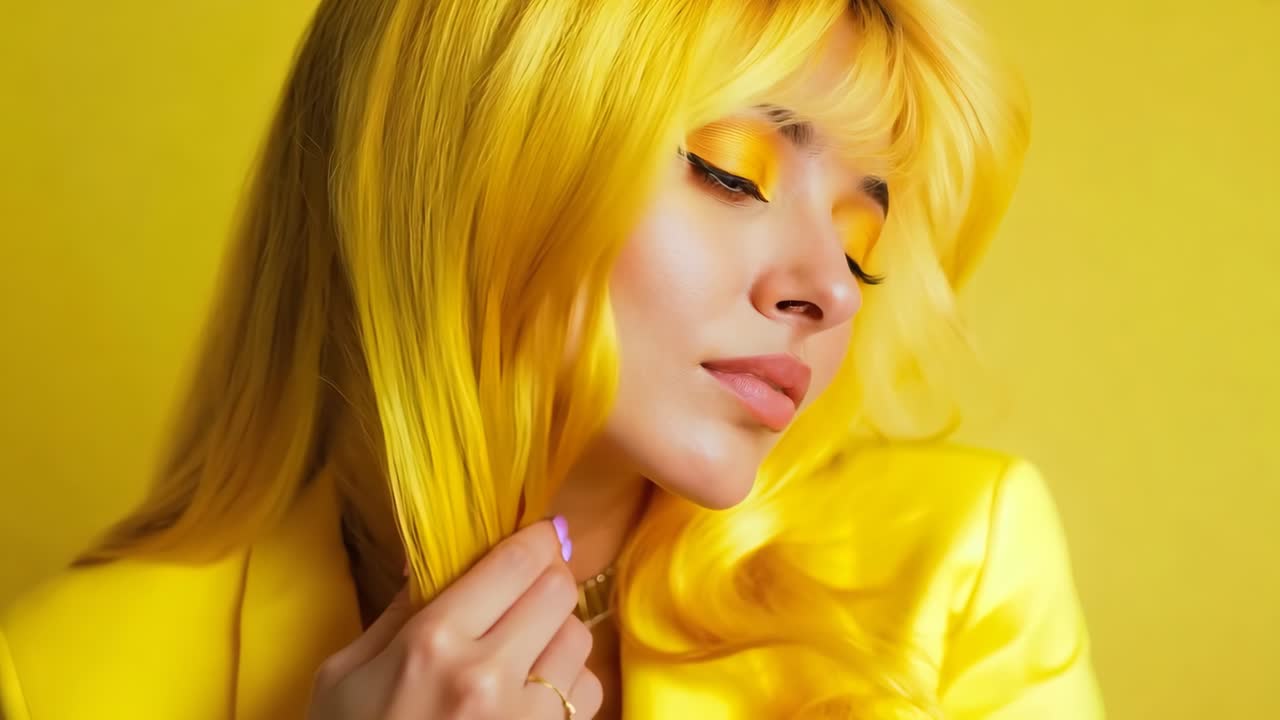 노란색 재을 입은 긴 금발 머리카락을 가진 여자