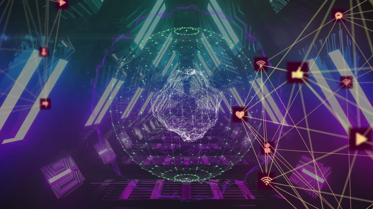 검은 바탕에 반이는 터널 위에 회전하는 연결 네트워크의 두 개의 글로브