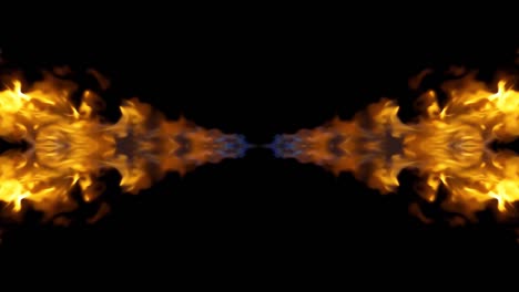 video crudo en cámara lenta de 4k de fuego, explosión, explosión de fuego, chorro de corriente de fuego aislado en un fondo negro con reflejo y efecto espejo como en un caleidoscopio. hermoso patrón de espejo de fuego.