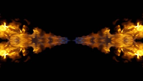 4k slow motion raw video of fire, explosion, fire blast, fiery stream jet isolated on a black background with reflection and mirror effect as in a kaleidoscope. beautiful mirror pattern of fire.