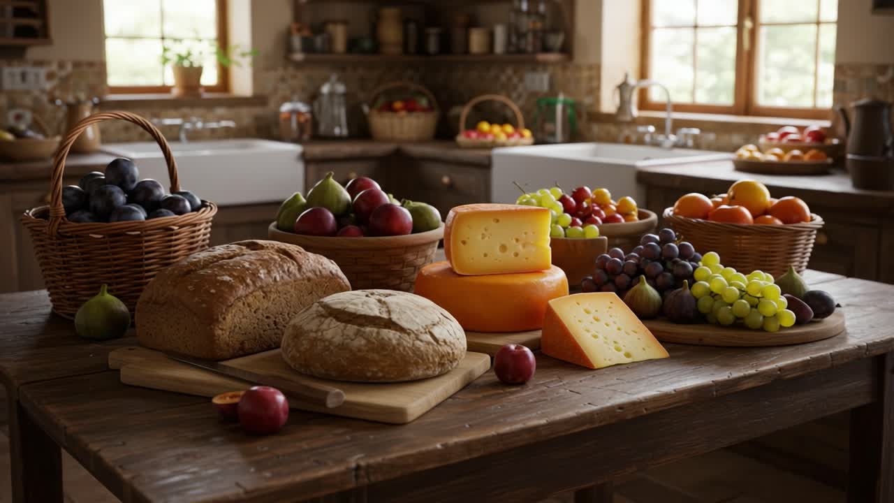 A Vibrant Display of Fresh Fruits, Artisan Breads, and Delicious Cheeses Arranged Beautifully on a Rustic Kitchen Table, Highlighting Culinary Abundance and Natural Simplicity