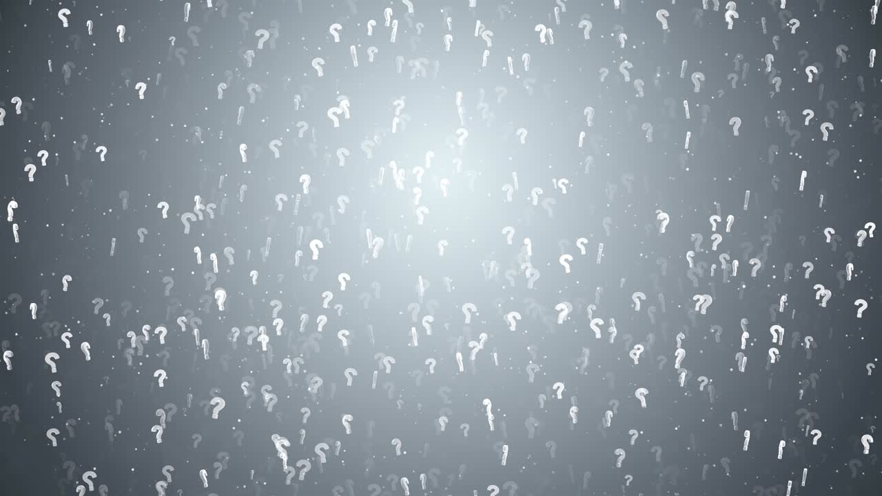 많은 질문표는 은색과 색의 기호로 회전하고 움직이는 어두운 루프 배경입니다.