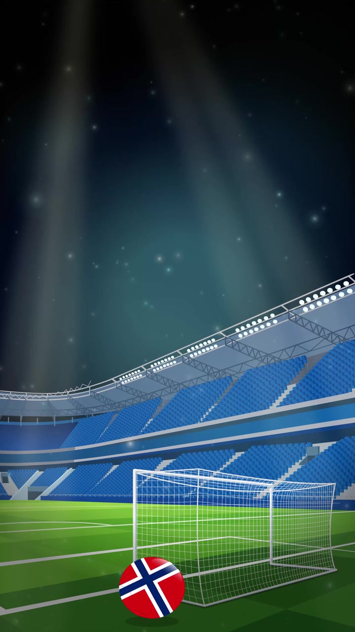 Animated soccer ball with Norway flag pattern bounces across a vertical stadium under bright spotlights.