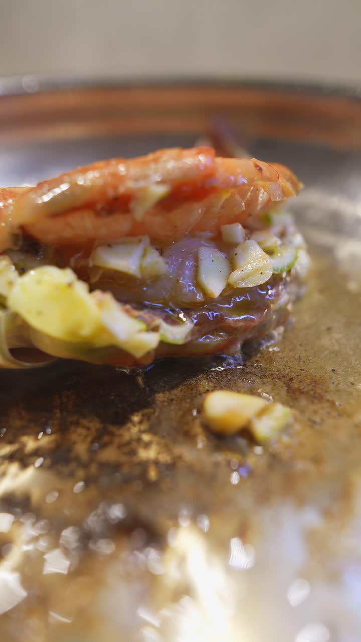 Large Shrimp Stuffed with Garlic Sizzling on Hot Plate