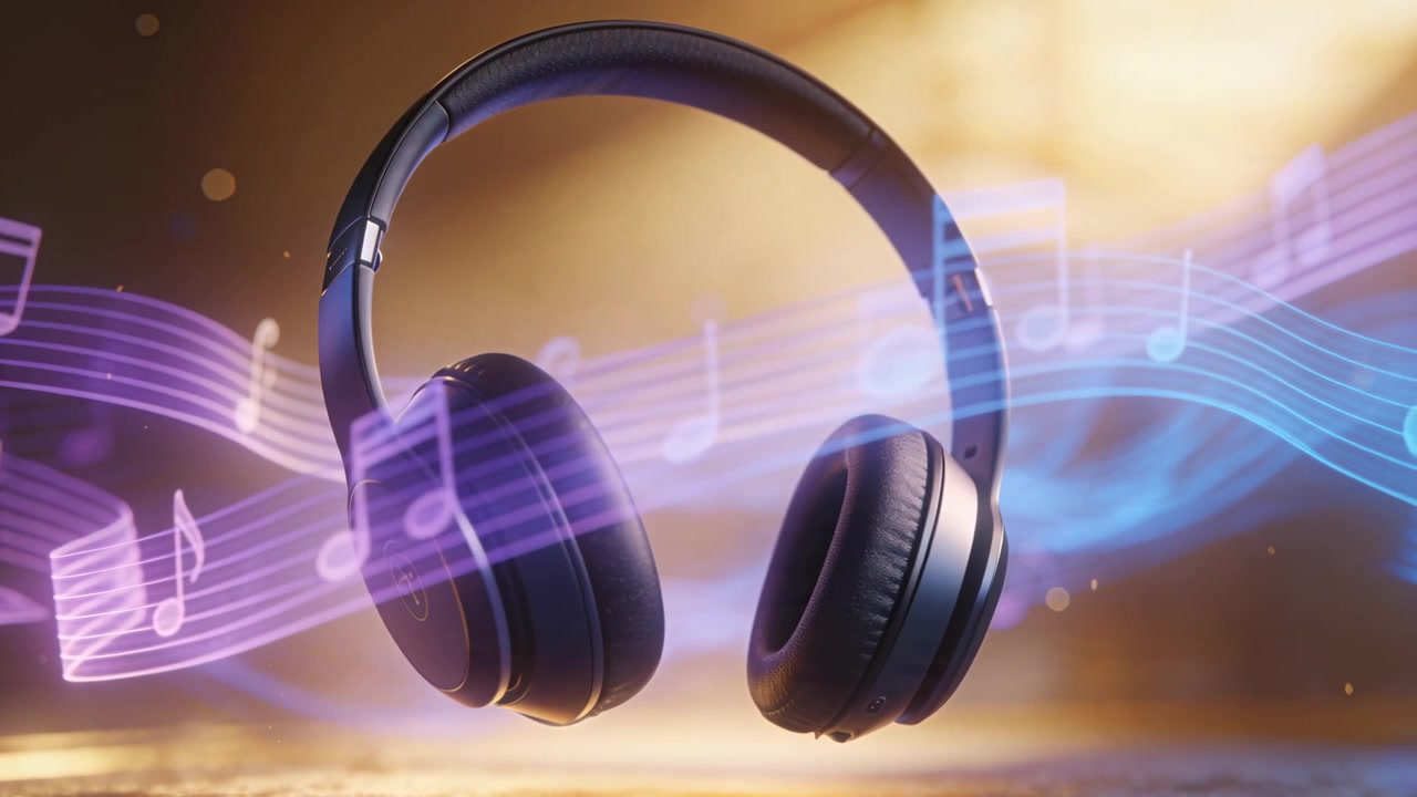 Headphone hitam melayang berputar di lantai cermin, pita ungu-biru masuk, menunjukkan aliran musik.