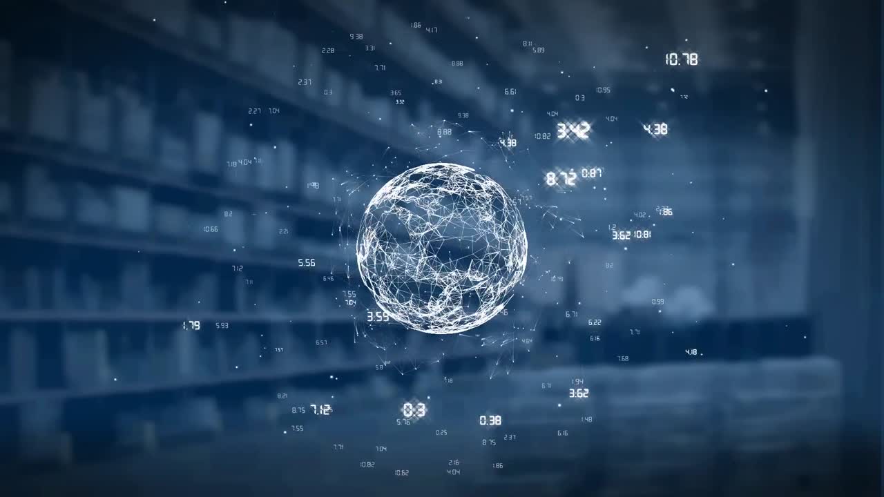 배경에 창고에 대해 회전하는 연결 네트워크의 세계