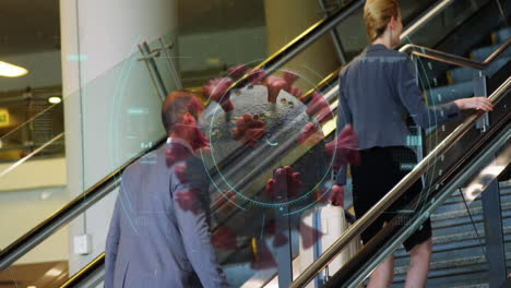 animation of floating macro covid-19 cell over biracial man on stairs at airport