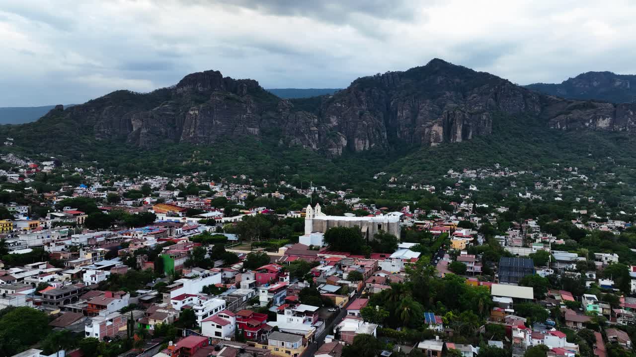 Aerial view over the Parroquia Nuestra Se&ntilde;ora de la Natividad in Tepoztlan, Morelos, Mexico