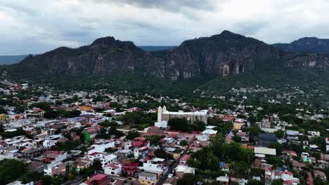 aerial view over the parroquia nuestra señora de la natividad in tepoztlan, morelos, mexico