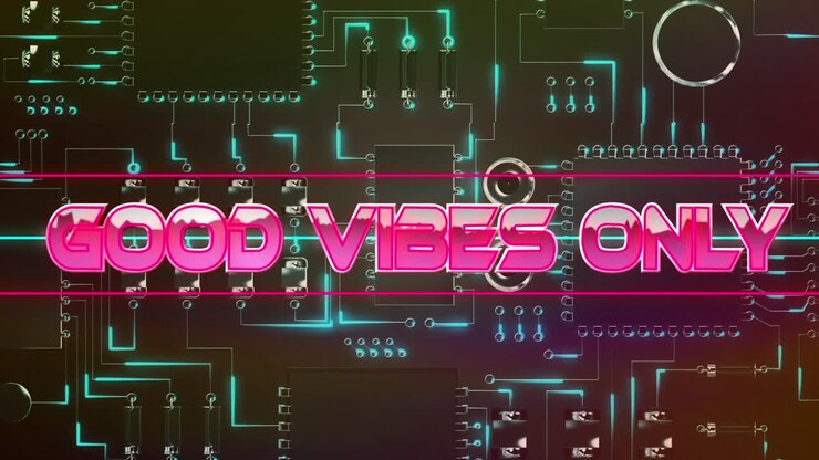 Testo "Solo buone vibrazioni" su banner al neon su un primo piano di connessioni di microprocessore su sfondo nero