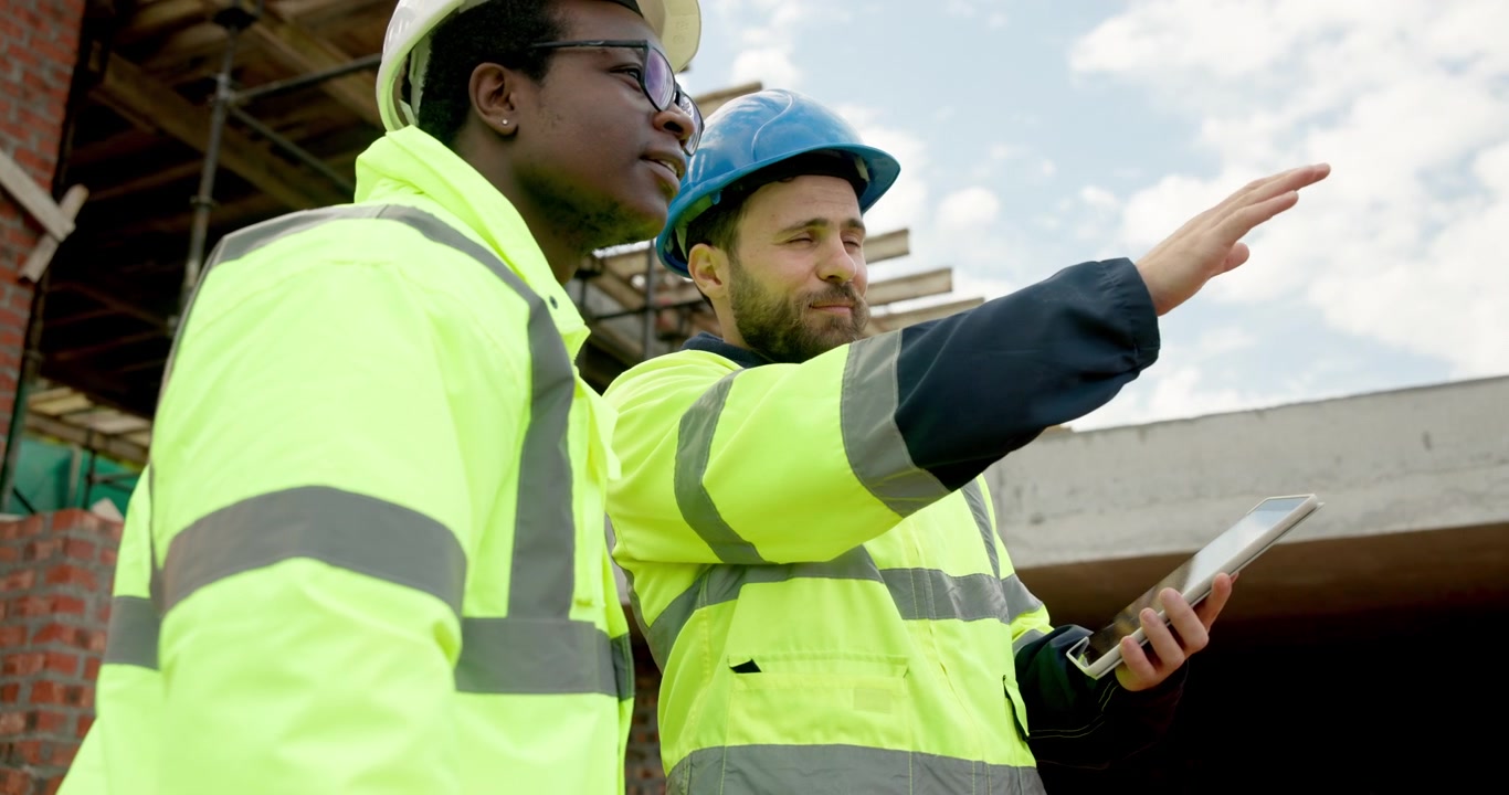 Ingegneri edili che discutono i piani del progetto su un tablet nel cantiere