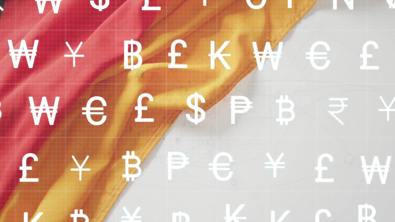 빨간색과 노란색 직물 배경에 화폐 기호 애니메이션