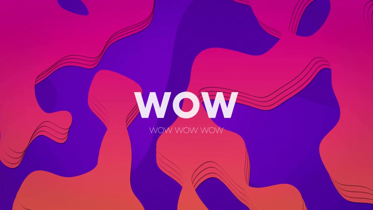 Forme magenta che fluttuano, poi appare la scritta bianca "WOW" che ruota mentre i sottotitoli svaniscono in loop