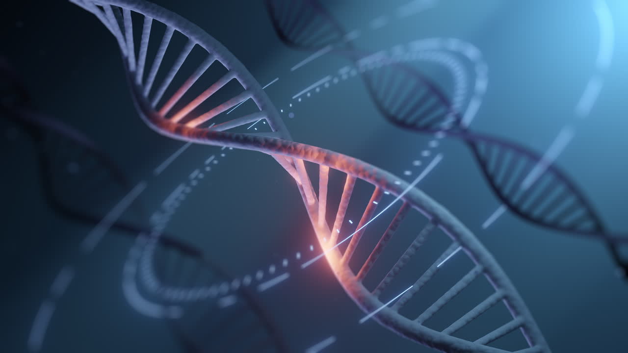 Rendering 3D di filamenti di DNA, innovazione scientifica nelle informazioni genetiche. L'elica centrale brilla di energia, ricerca biologica, progressi medici, futuro della biotecnologia per la sanità e la scienza.