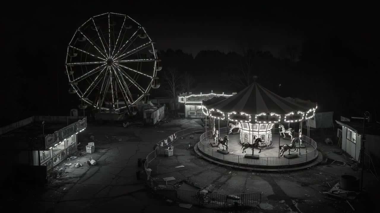 Eerie Beauty of an Abandoned Amusement Park at Night: A Haunting Look at a Ferris Wheel and Carousel Illuminated by Ghostly Lights
