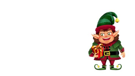 4k-Animated-illustration-of-happy-Christmas-elf-holding-present-on-white-background