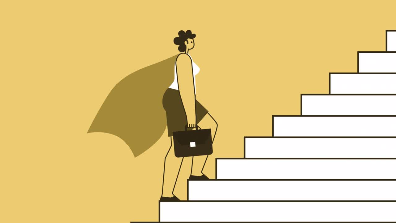 una mujer superhéroe con maletín y un personaje plano sube las escaleras. animación de bucle aislado con canal alfa