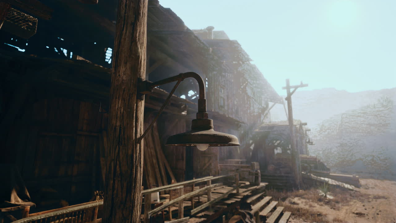 얼룩진 거리 램프 를 가진 버려진 서쪽 도시