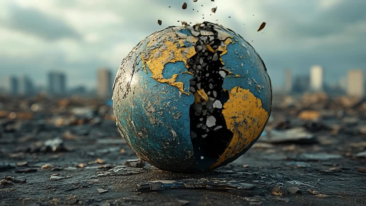 Trash-laden Earth shows decay. Trash surrounds a damaged globe with a focus on environmental pollution and human impact in an urban area.