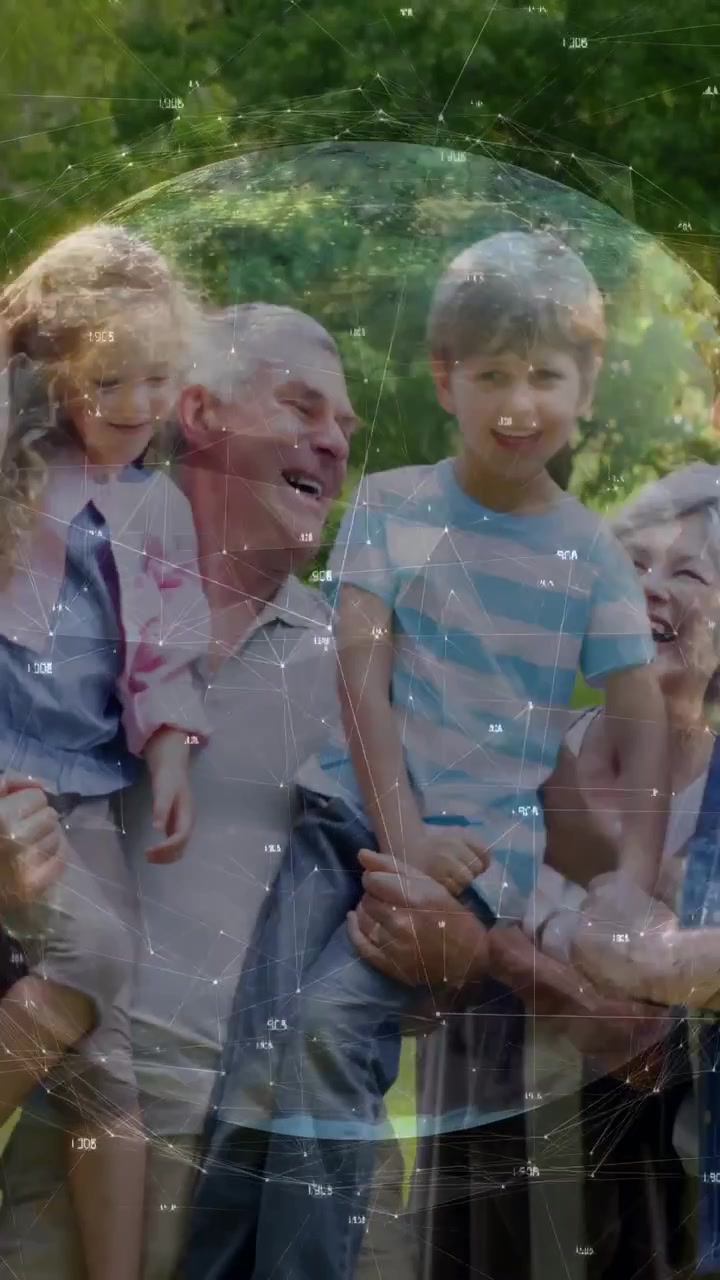Video vertical: Familia moviéndose en un parque, con una superposición de un globo tecnológico brillante que muestra los lazos familiares.