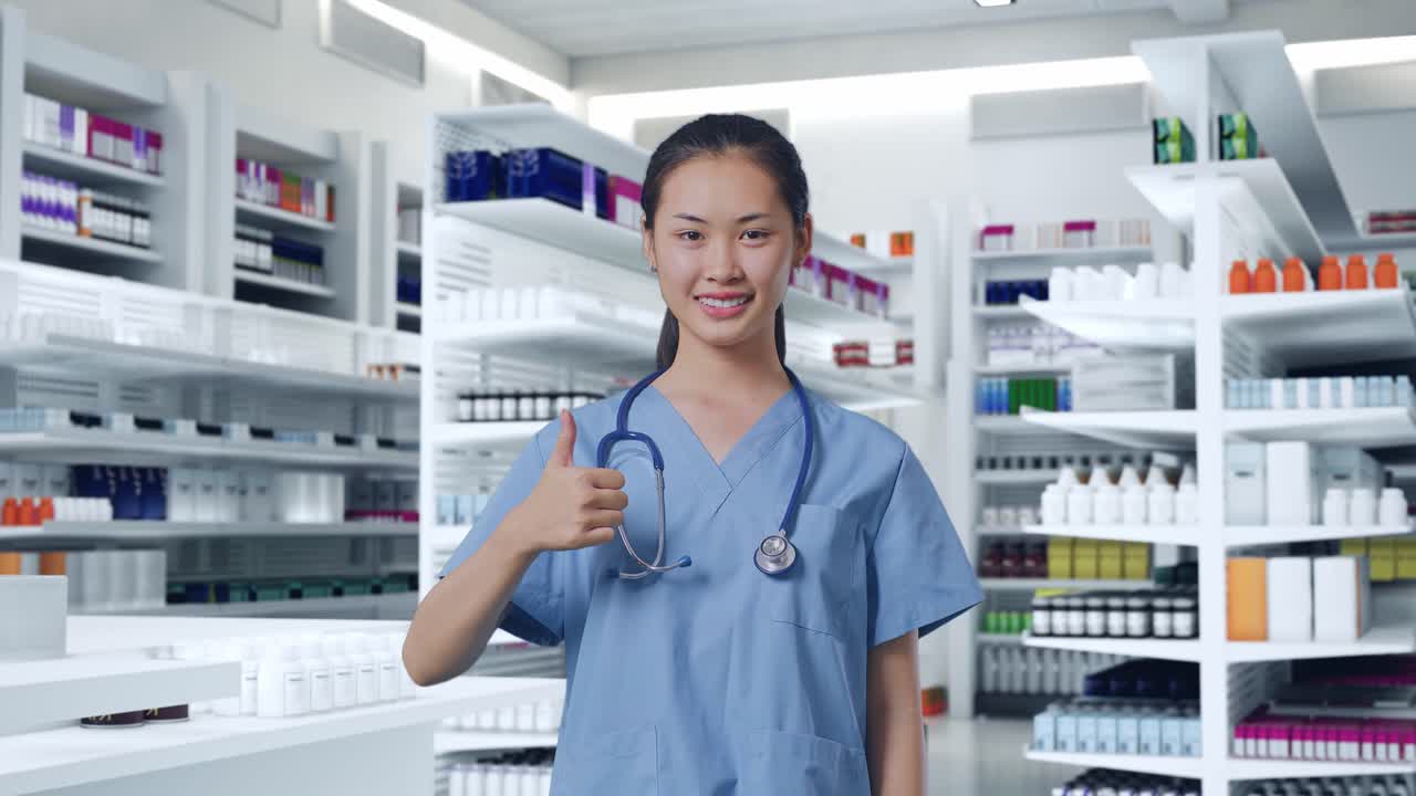 약사가 엄지손가락을 올리고 있습니다.