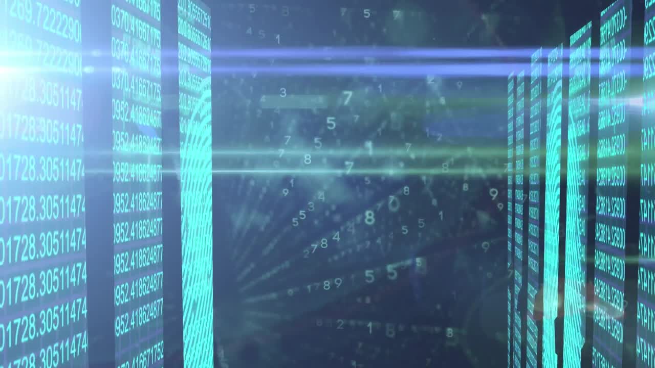 Animation of data processing and light trails over black background