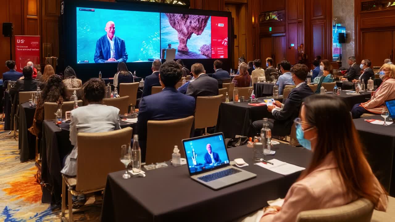 Engaging Conference Scene with Participants Attentively Watching Virtual Presentation on Large Screen and Individual Device in Modern Venue Setting