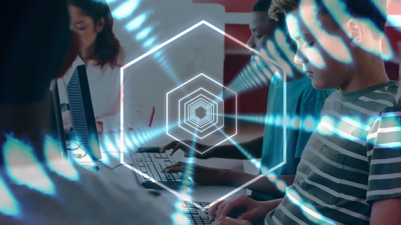 animación de formas que se mueven sobre diversos escolares utilizando computadoras