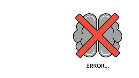 video 4k de cerebro de dibujos animados con cruz roja y error en fondo blanco.