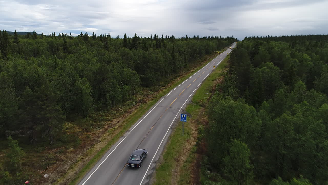 Aerial view of a dark blue veteran car traveling along a rural road with trees and open fields on a cloudy day.