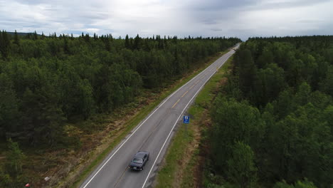 aerial view of a dark blue veteran car traveling along a rural road with trees and open fields on a cloudy day.