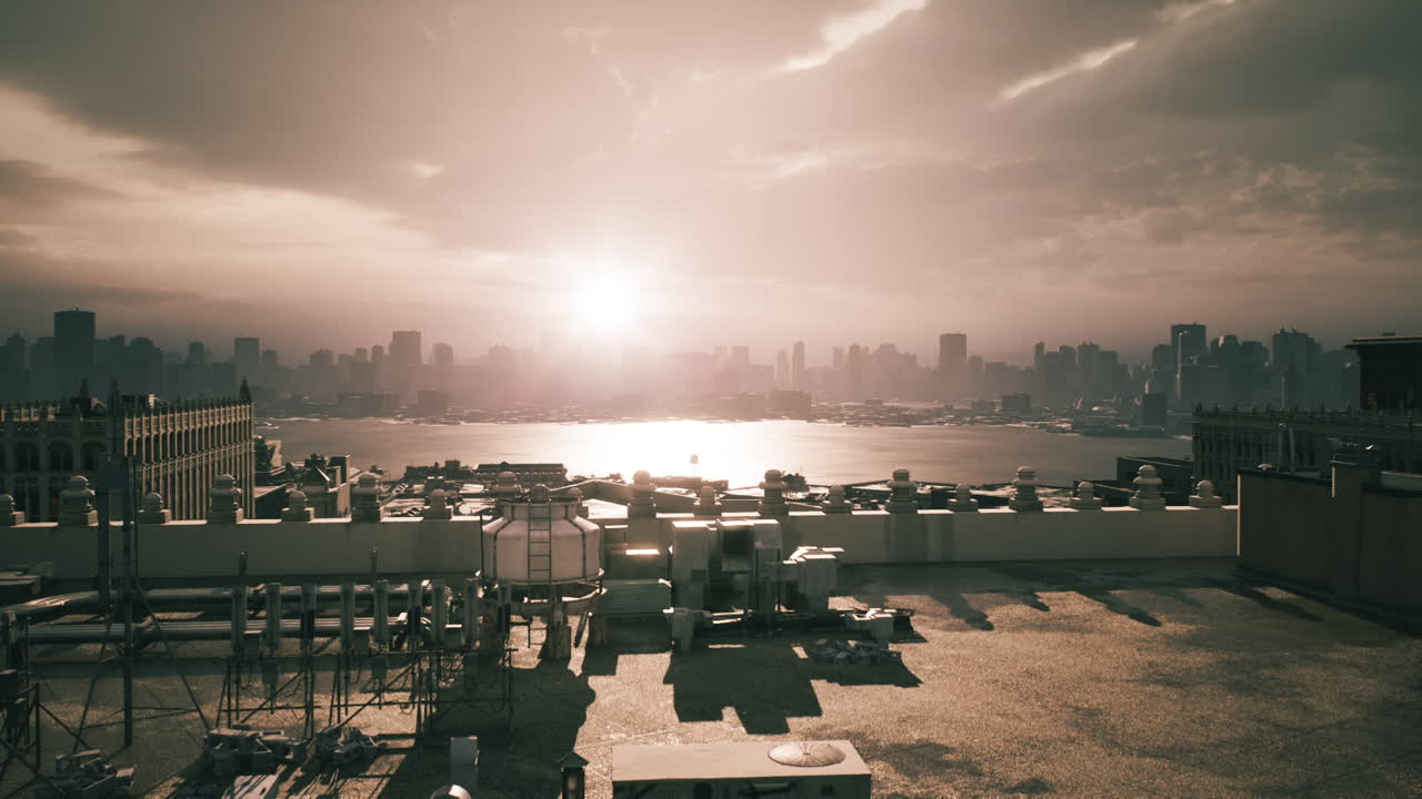 Sunset over a bustling city skyline with rooftops in the foreground