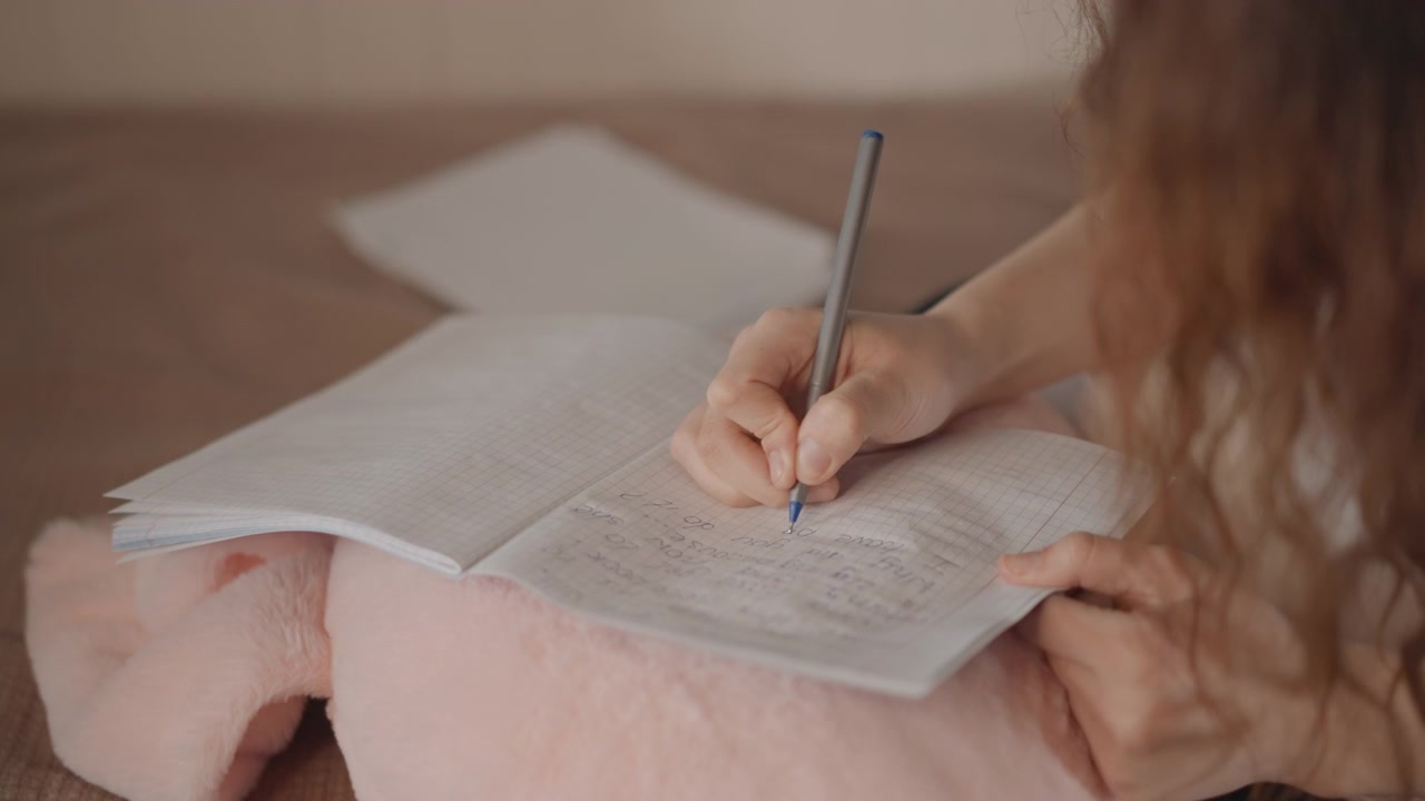 Over--shoulder close-up of person writing in open notebook on lap; visible action shows pen making notes and slight page movement indicating ongoing writing while head tilts toward page in focused