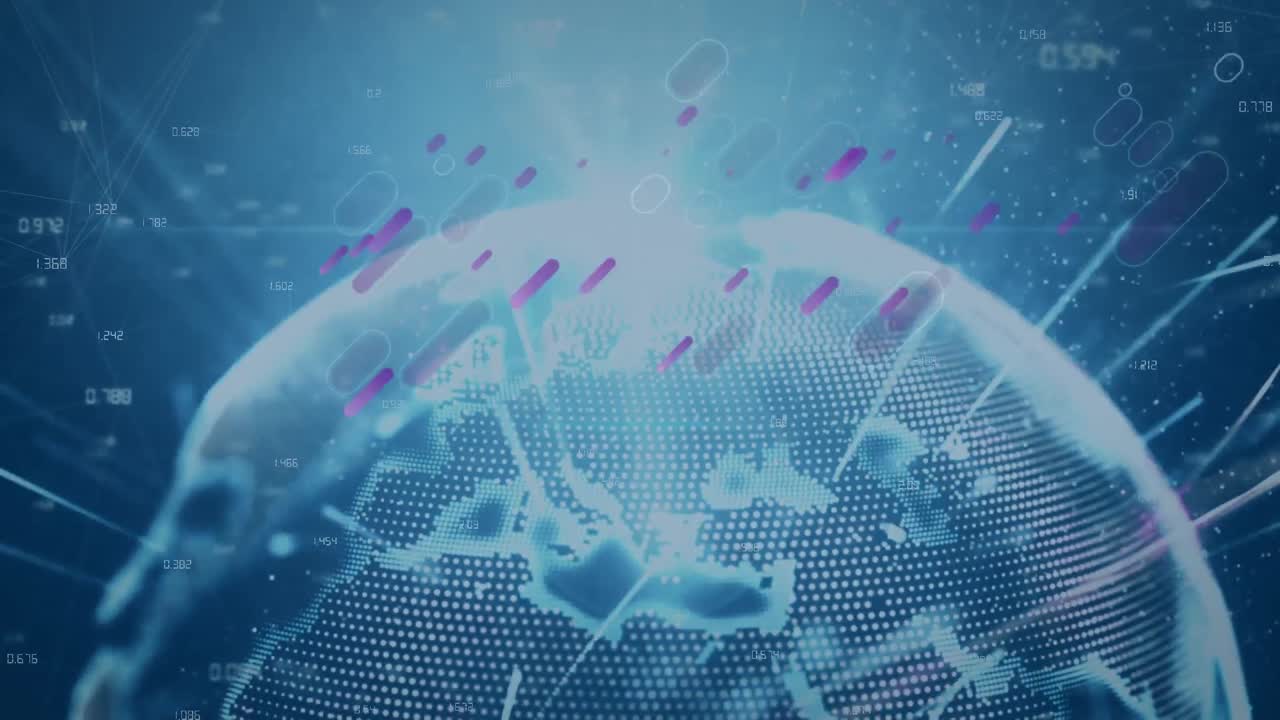 Animation of pink shapes falling over rotating globe and lights
